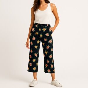 Boden Black Floral Wide Leg Cropped Pants Ankle Casual Size 18